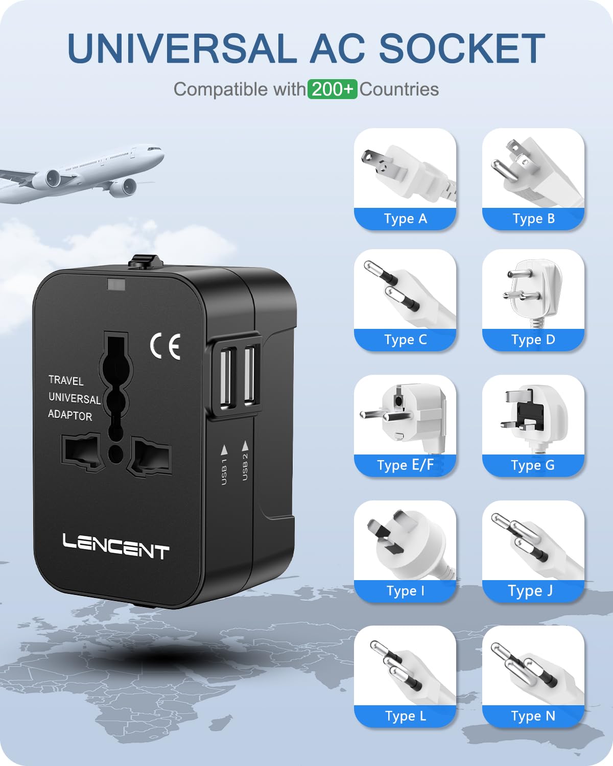 LENCENT Adaptador Universal de Viaje, Todo en Uno Adaptador Enchufe Internacional Tipo A/C/G/I, Convertidor de Enchufe con 2 Puertos USB para Más de 200 Países, Compatible con UE/UK/EEUU/AUS