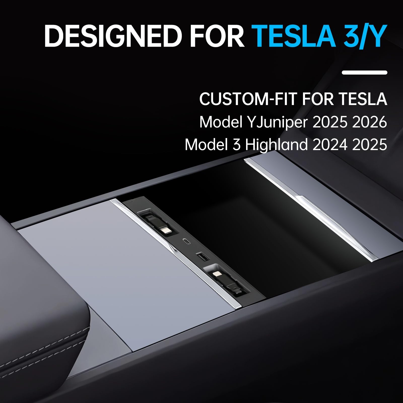 DGXWLLW Hub USB para Tesla Model Y Juniper 2025 2026 Modelo 3 Highland 2024 2025 con diseño hundido, 99W 4 en 1 Multi puertos Cargador rápido con cable retráctil estación de acoplamiento adaptador de