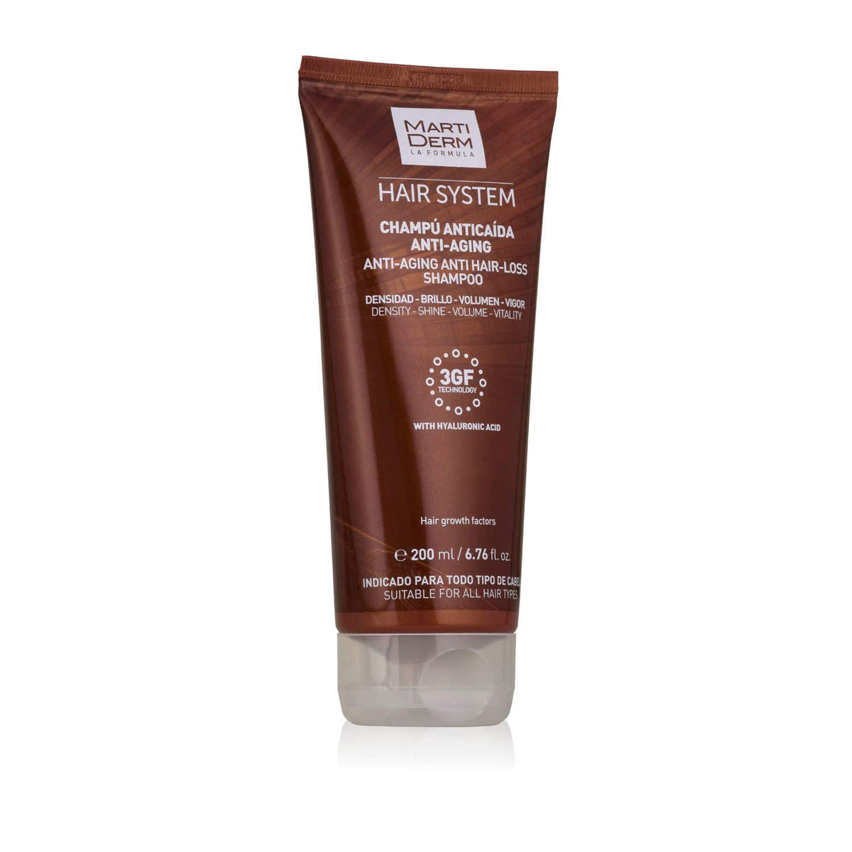 MartiDerm Hair System Champú/Shampoo Anticaída Antiaging. Factores de crecimiento capilar HGFx3 + Ácido hialurónico. Combate el envejecimiento capilar. Aporta densidad, brillo, volumen y vigor - 200 Ml