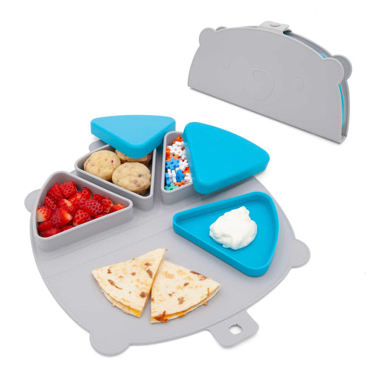 321 Grow Alfombrilla de silicona para snacks de viaje - Juego de manteles plegables reutilizables con 3 compartimentos y tapas - Plato para snacks de viaje apto para bebés y niños pequeños - Apto para