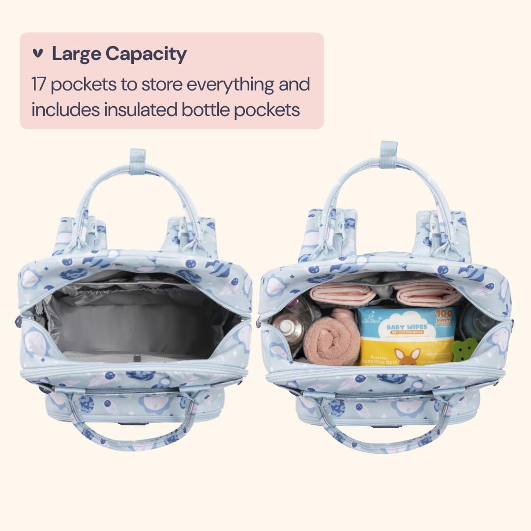 BabbleRoo Mochila para pañales, bolsa de viaje para bebé Essentials con cambiador, correas para cochecito y estuche para chupete, Cósmico, Medium