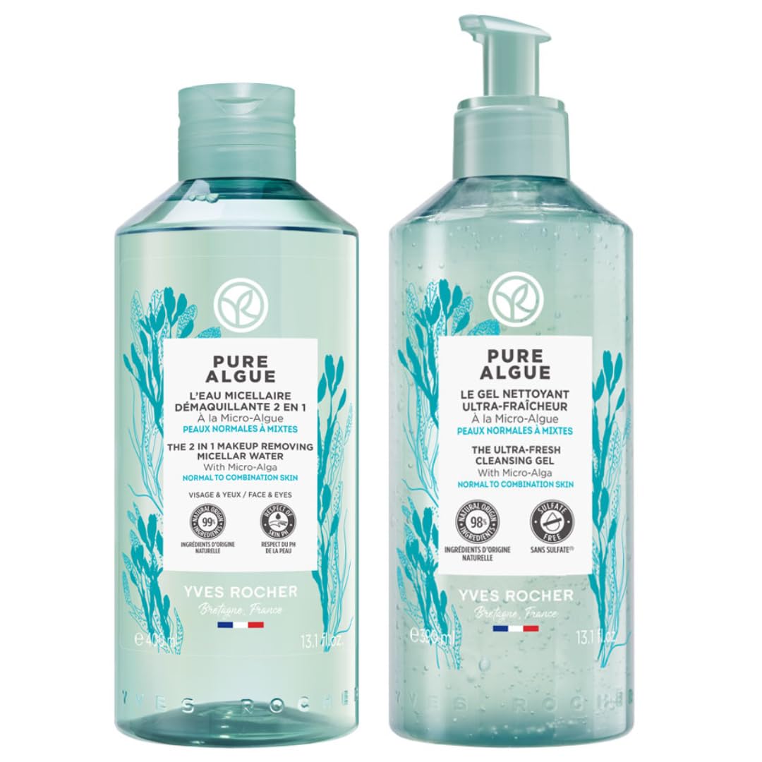 Yves Rocher MAXI Set Oxigenante PURE ALGUE: Gel Limpiador Ultrar Frescor (390 ml) + Agua Micelar Desmaquillante 2 en 1 (400 ml)