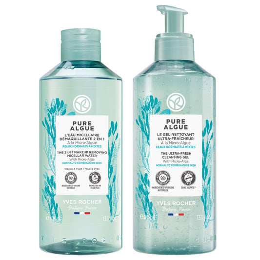 Yves Rocher MAXI Set Oxigenante PURE ALGUE: Gel Limpiador Ultrar Frescor (390 ml) + Agua Micelar Desmaquillante 2 en 1 (400 ml)
