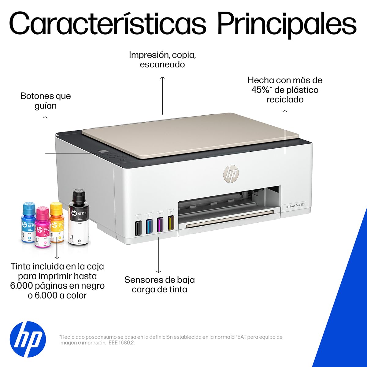 HP Impresora Multifuncional Smart Tank 523, Tinta Continua, Todo-en-Uno, Color, USB, DÚPLEX (Doble Cara) Manual, Impresión, Copiado, Escaneo, Garantía 1 año (4A8S2A)