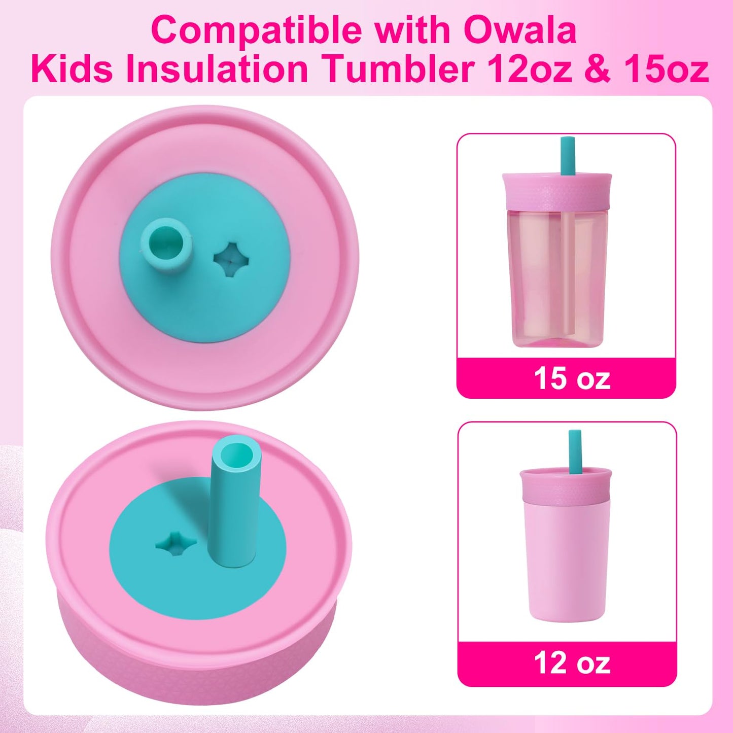 PHULWEL Paquete de 2 tapas de repuesto para vaso Owala Kids con aislamiento de 12 oz y 15 oz, tapa resistente a derrames con 4 popotes flexibles, sin BPA, apta para lavavajillas, accesorios para