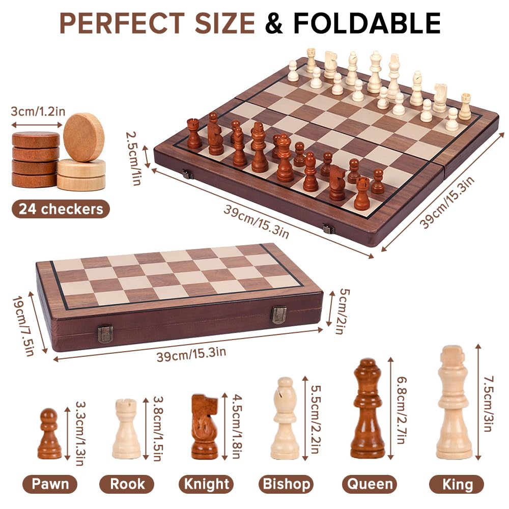 Chess Sets,Juegos de ajedrez,Yakiter 2 en 1 Juego de ajedrez magnético y juego de tablero de damas de 15 pulgadas,con 2 reinas extra,Juego de tablero de ajedrez para principiantes para adultos y niños