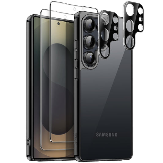 JETech 5 en 1 Funda para Samsung Galaxy S25 Ultra 5G con 2 Protector Pantalla Mica Cristal Vidrio Templado y 2 Protector Lente Cámara, Carcasa Anti-Amarillo Antigolpes (Negro Titanio)