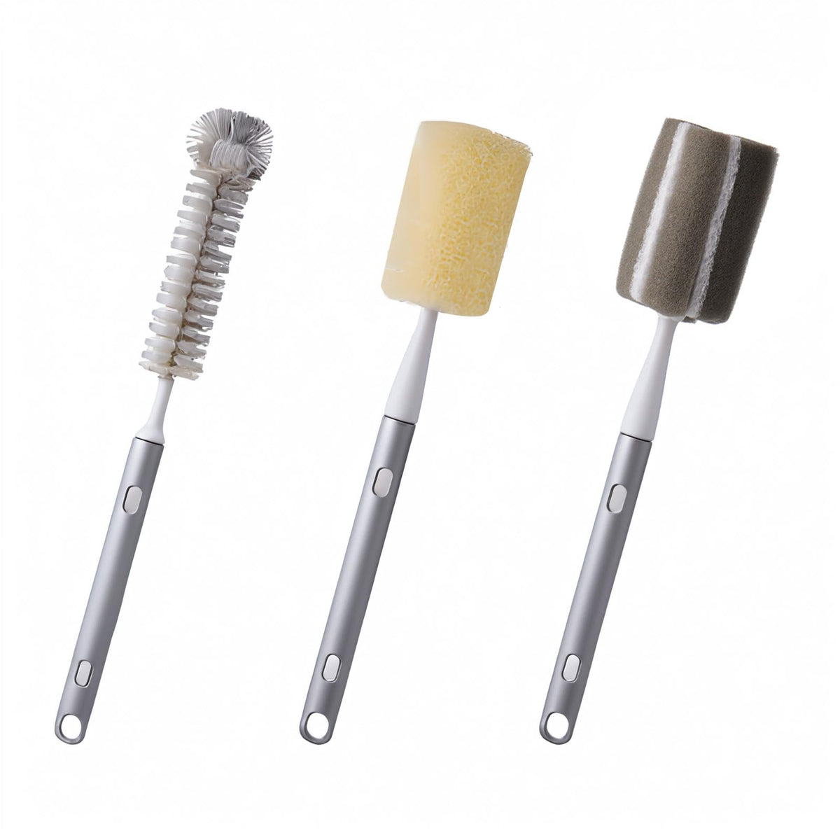 Paquete de 3 cepillos de taza de mango largo, mango extensible, cepillo para polvo de biberón, cepillo para polvo de nailon, cepillo para polvo de esponja, cepillo para polvo para fregar tazas de agua