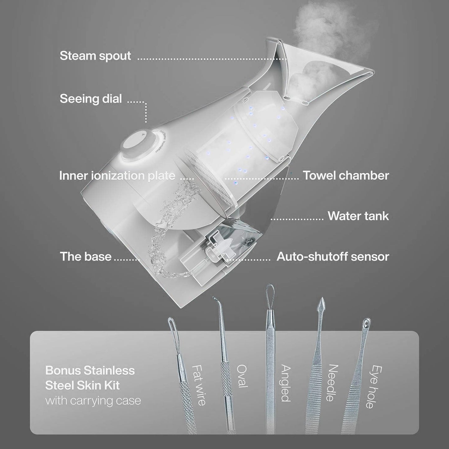 Pure Daily Care Nanosteamer Vaporizador Facial Nano Iónico Grande 3 En 1 Con Control de Temperatura Preciso - Humidificador - Desobstruye Los Poros - Puntos Negros - Calidad Spa - Bonus Kit de Piel de