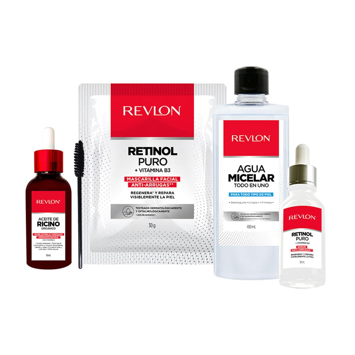 Revlon - Set Aceite de Ricino, Agua micelar todo en 1, Mascarilla Facial y Suero de Retinol Puro