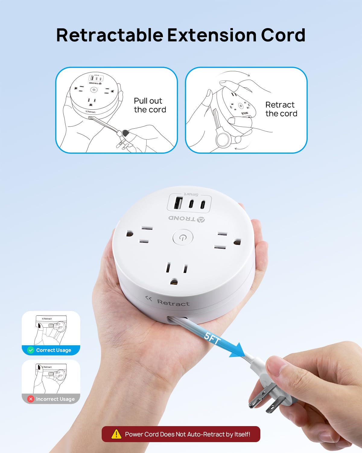 TROND Regleta de Viaje retráctil, Cable de Extensión Retráctil Enchufe Plano Ultrafino de 1.5 m, Regleta de Alimentación Retráctil con 3 Tomas de CA 3 USB(2 USB C), Elementos Esenciales para Cruceros