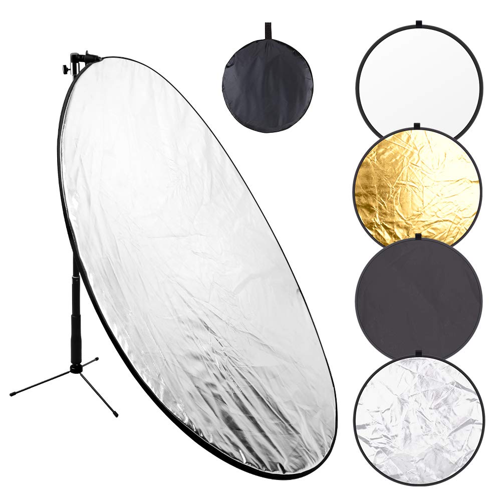 Reflector de luz 5 en 1 plegable con abrazadera de metal y soporte de luz para estudio de iluminación al aire libre (plata/oro/blanco/negro/translúcido) de 43 pulgadas