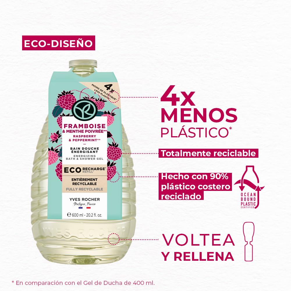 YVES ROCHER - Set Eco-Refill Gel de Ducha Frambuesa Hierbabuena, Todo Tipo de Piel, Fórmula Vegana, Incluye 2 Geles 600 ml c/u