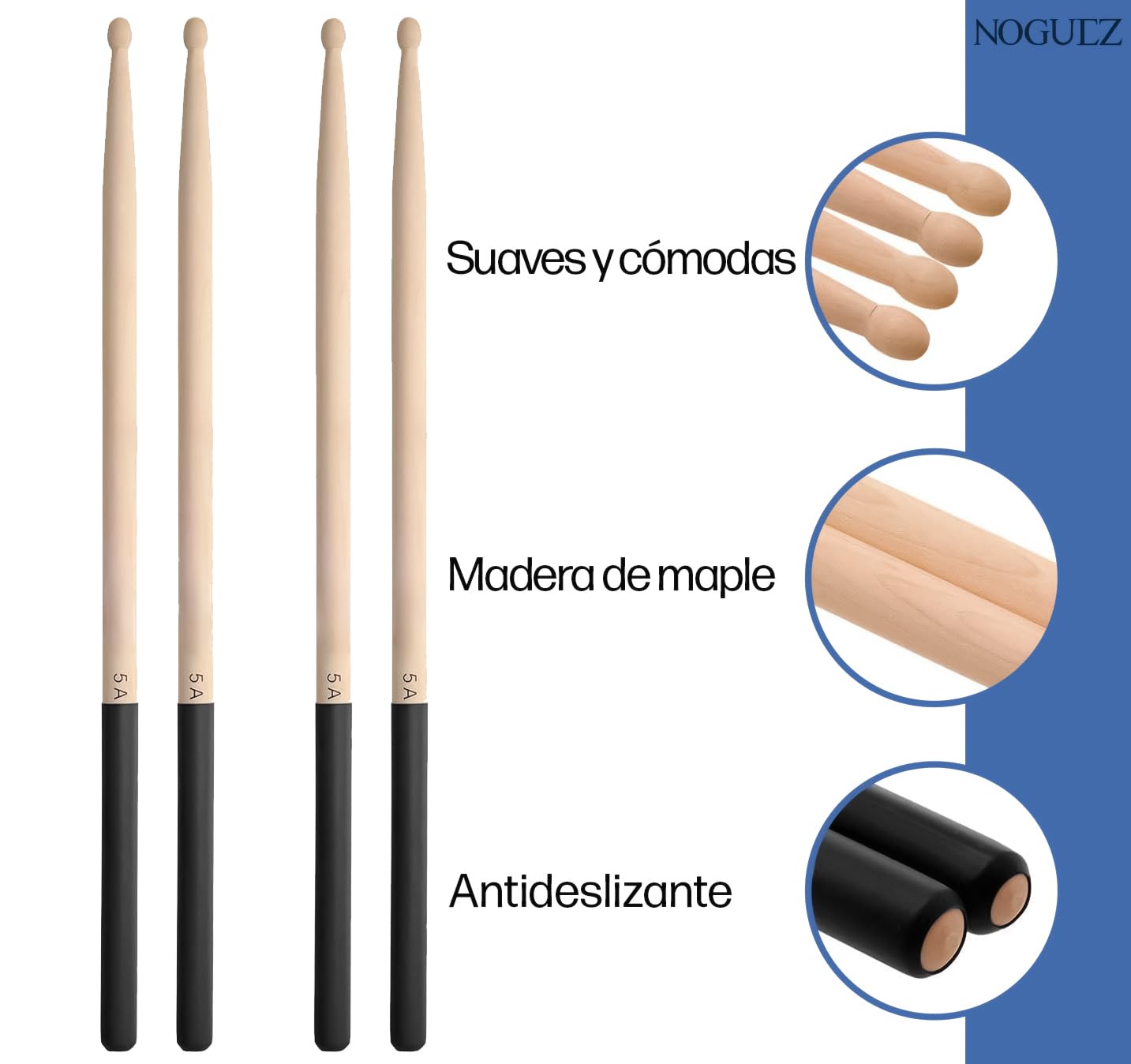 Noguez. 4 Baquetas Profesionales 5A con Grip Antideslizante para Batería, 2 Pares de Baquetas de Madera de Maple con Punta Ovalada, 2 pairs of drumsticks.