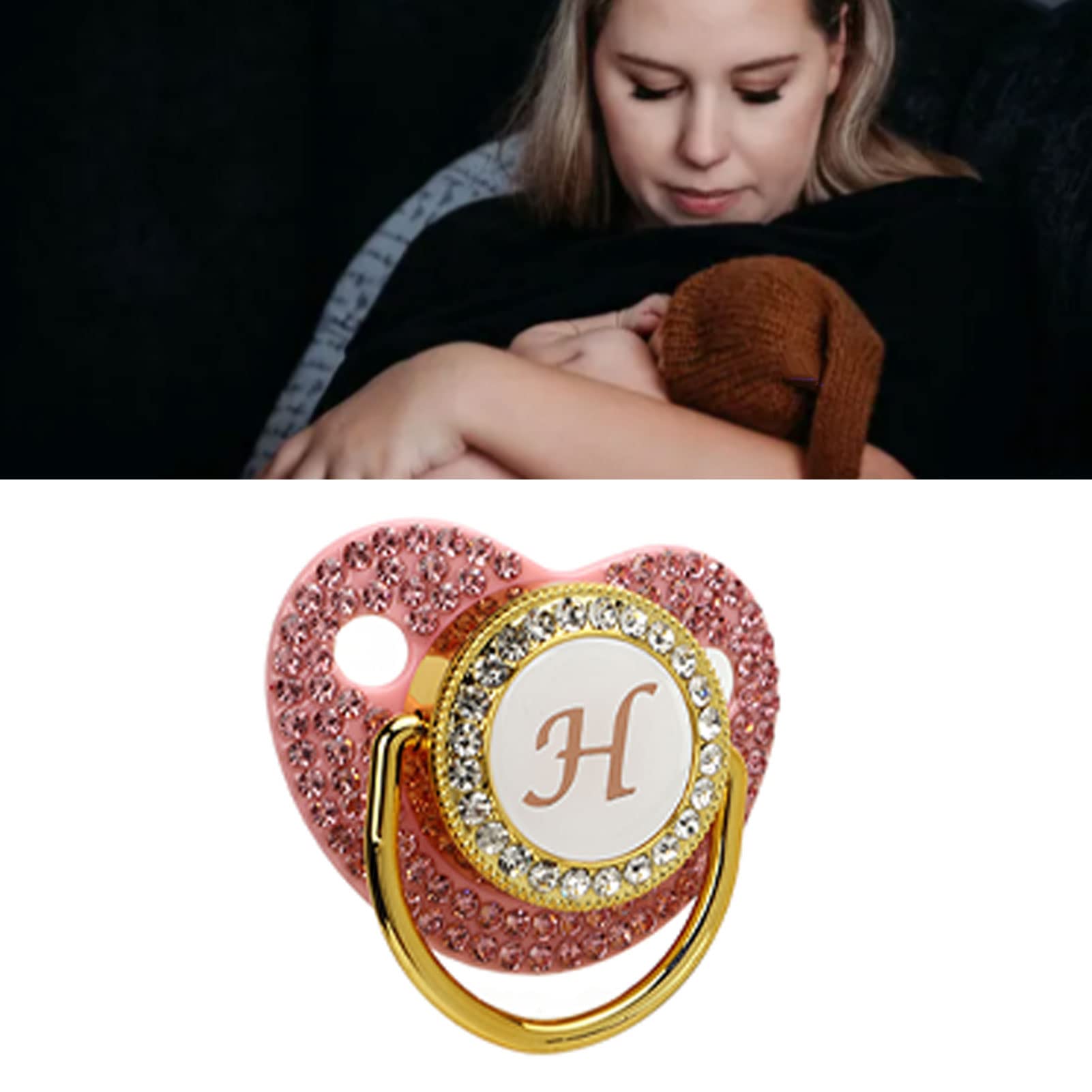 Chupete de bebé Dorado, 26 Letras Juego de Clip de Chupete Personalizado Diamantes de Imitación Cubiertos Diseño Curvo Chupete de bebé Chupete de Silicona para Alimentación de (Letra h)