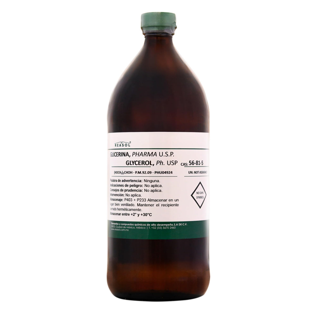 REASOL, GLICERINA de Origen Vegetal; Biodegradable, Pureza ≥99%. Cumple Especificaciones USP, NF, FCC, BP y Ph. Eur. Botella vidrio ámbar de 1l