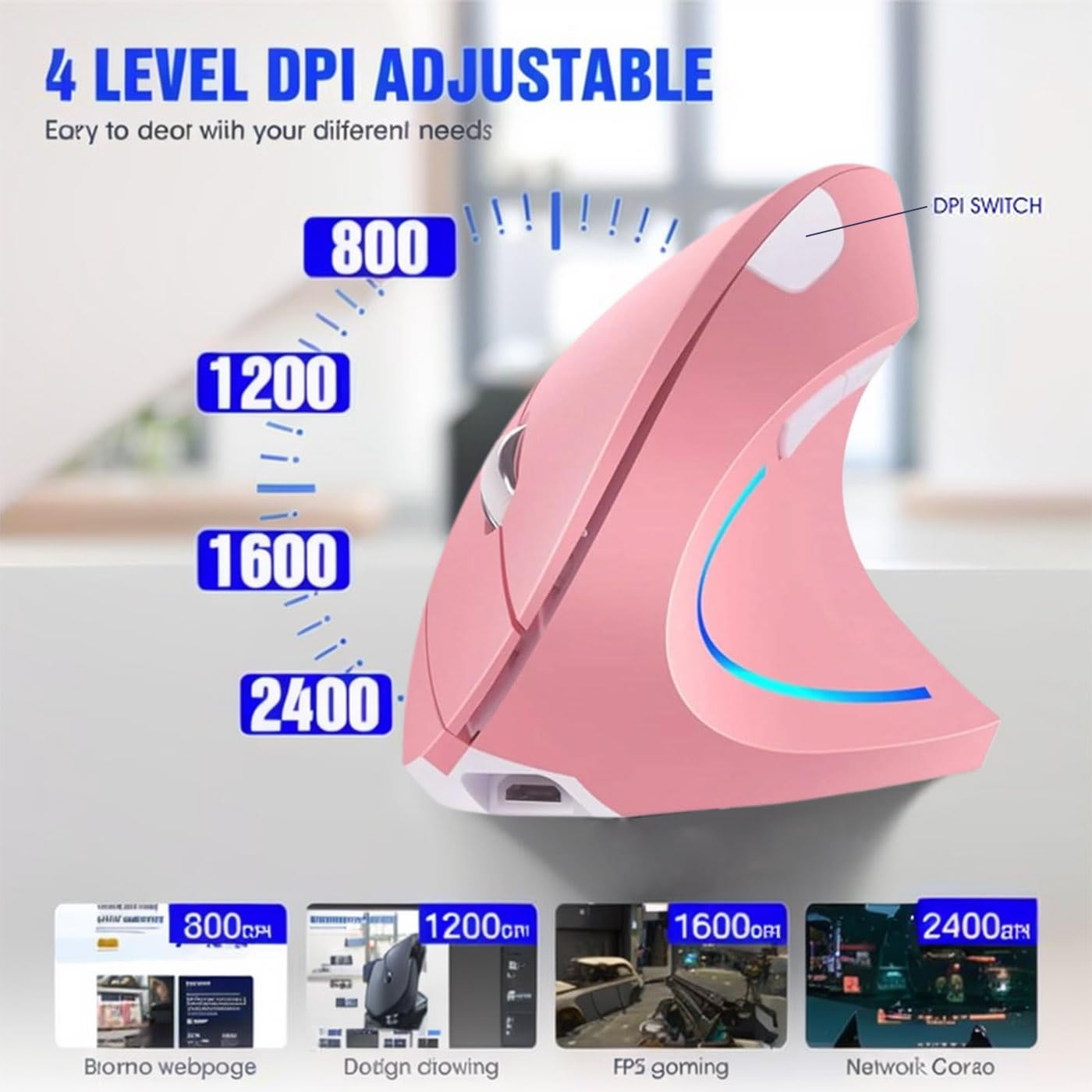 BWEFVB Ratón Ergonómico Vertical Inalámbrico Recargable USB-C, 2400DPI Ajustable - Mouse Inalámbrico Silencioso para Oficina/Juegos, Diseño Antideslizante y Cómodo para Aliviar Dolor de Muñeca (Gris)