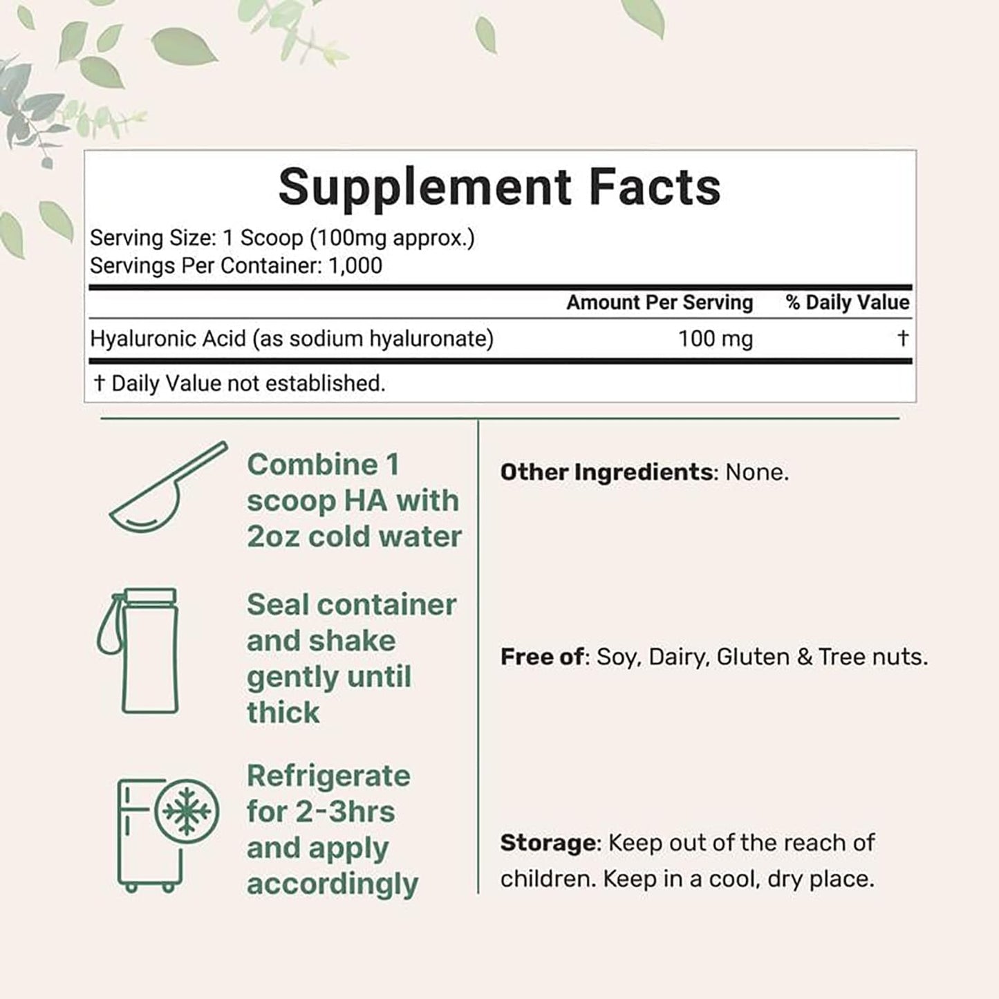 Polvo de Ácido Hialurónico para Suero Facial DIY - Fórmula de Cuidado de Hidratación de la Piel - Grado Cosmético Natural - 100g (1 Pack)