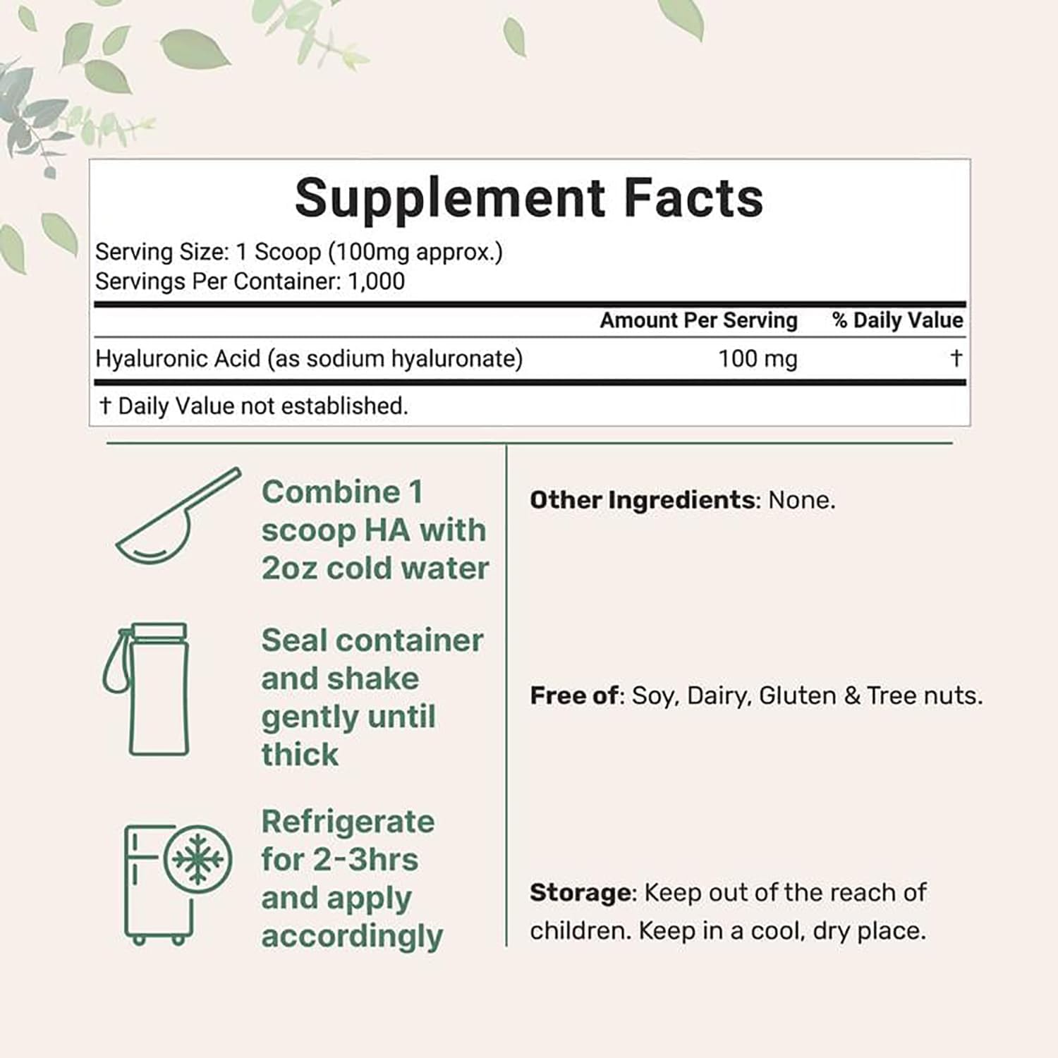 Polvo de Ácido Hialurónico para Suero Facial DIY - Fórmula de Cuidado de Hidratación de la Piel - Grado Cosmético Natural - 100g (1 Pack)