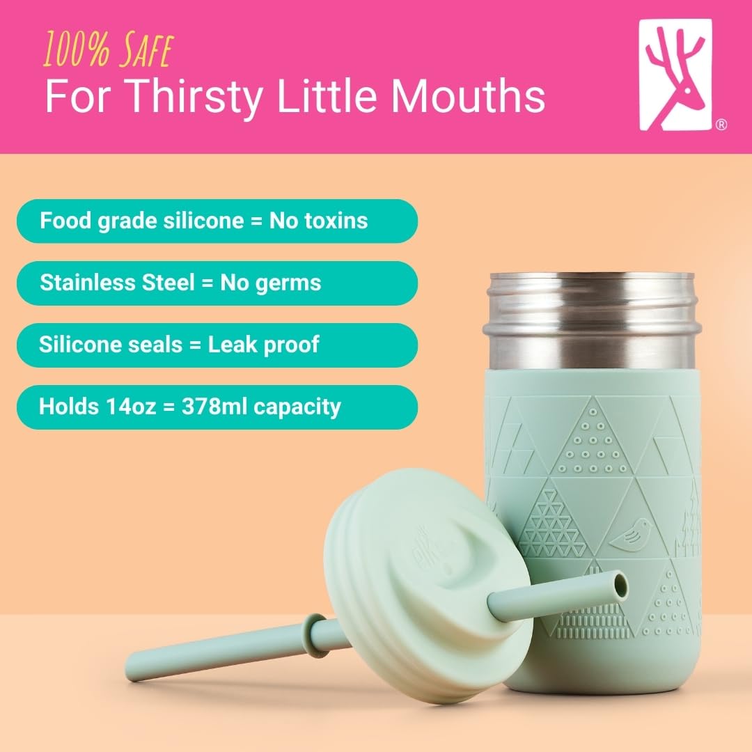 Elk and Friends - Vasos de acero inoxidable de 14 onzas para niños y niños pequeños, el tarro original con mangas + tapas, pajitas de silicona, batidos, tarro de almacenamiento, resistente a derrames