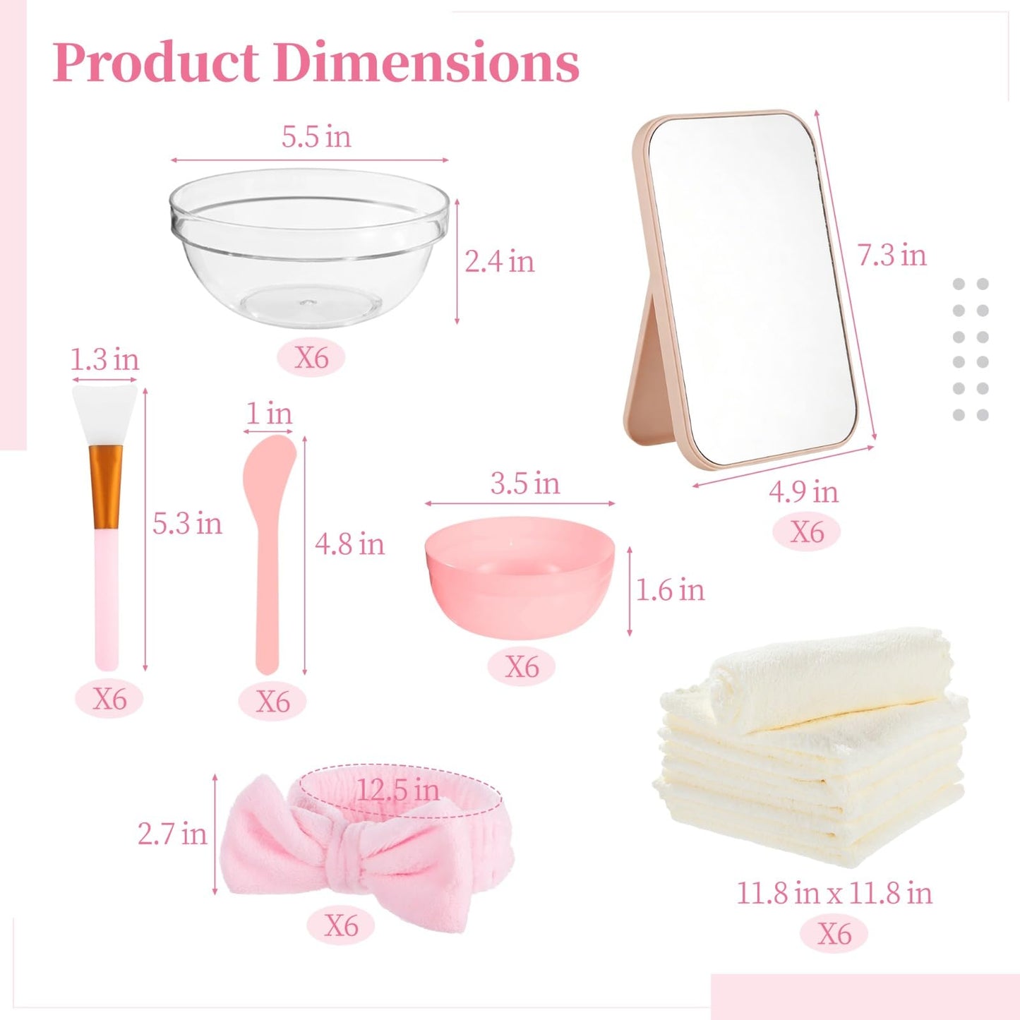 Lnrueg 6 juegos de suministros de fiesta de spa rosa para mujeres, tazón de máscara facial con cepillo para polvo de espátula, toalla para la diadema y espejo plegable, kit de spa para fiesta de
