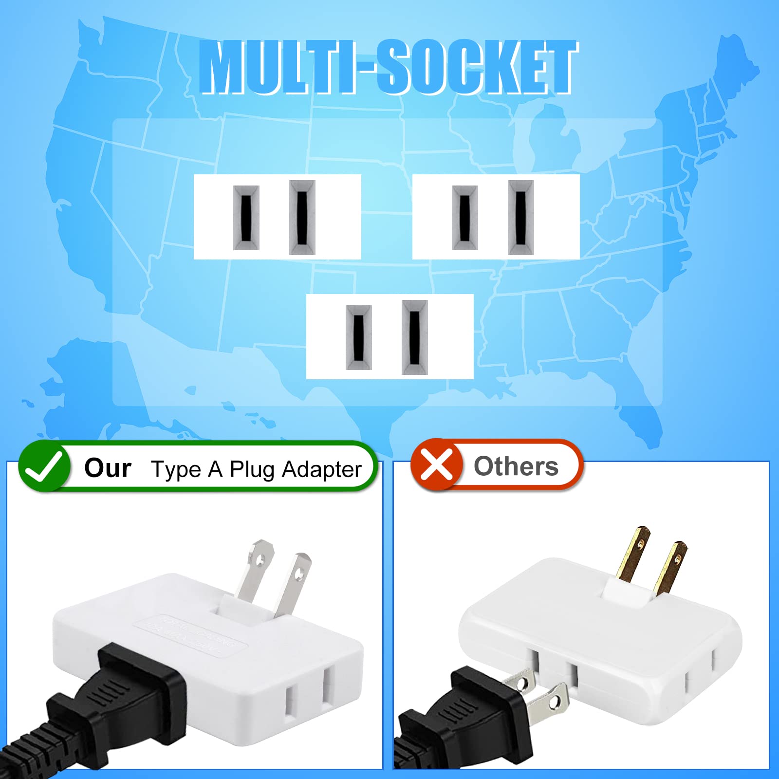 Paquete de 3 extensores de enchufe de pared planos AC con adaptador de enchufe plano, adaptador de pared plegable de 3 vías Mani Plug para hogar y viajes (blanco)