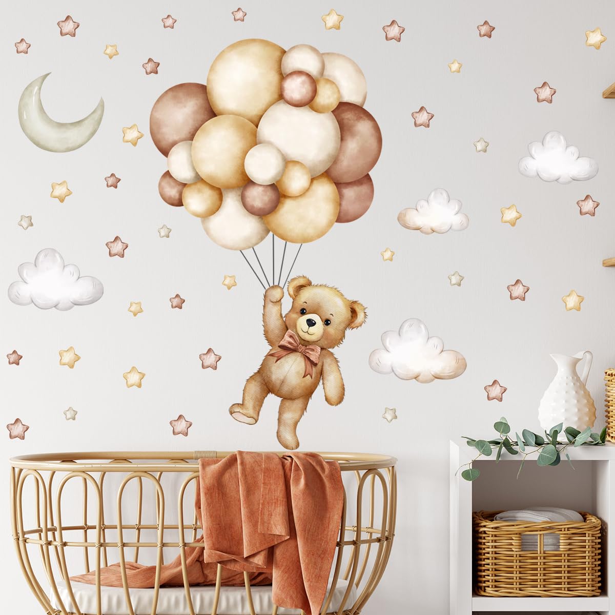 Calcomanías de pared de oso de peluche, globos de aire, estrella, luna, nube, pegatinas de pared para habitación de niños, niñas y niños, habitación de bebé, decoración de cuarto de bebé (calcomanía