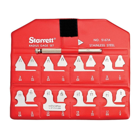 Starrett - Juego de calibradores de radio para radios convexos y cóncavos con soporte Starrett 110, acero inoxidable, 17 medidores, medidor de radio de 1/64-17/64 pulgadas, lectura en pulgadas -