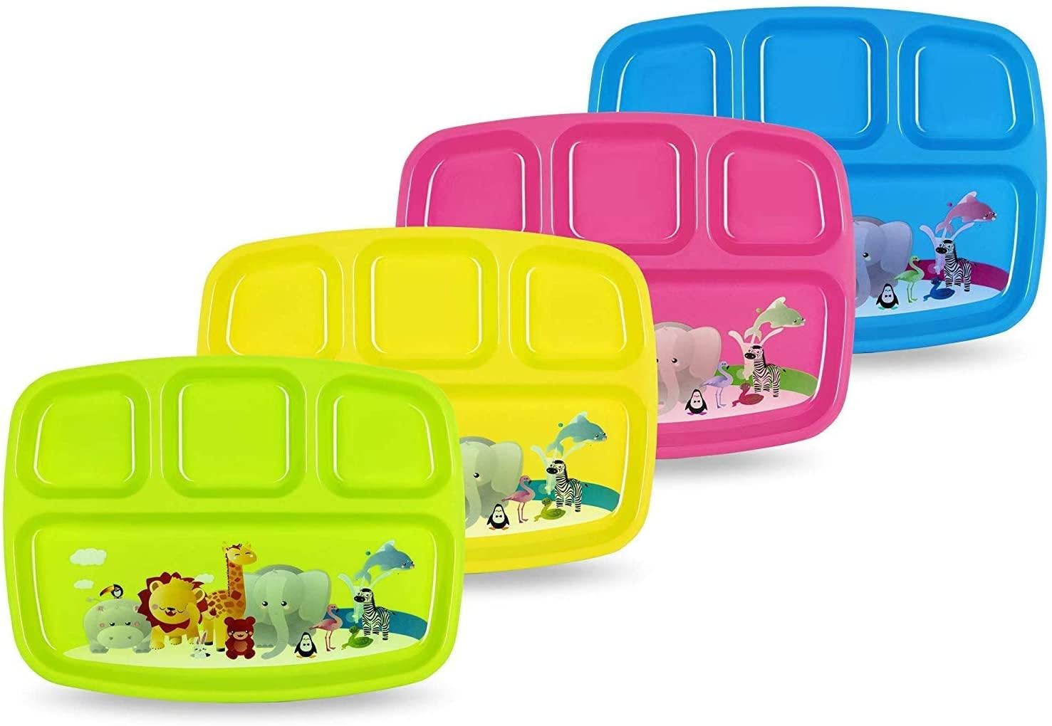 Platos de Plástico PLASKIDY Colores Brillantes con Divisores y Diseño de Zoológico para Niños