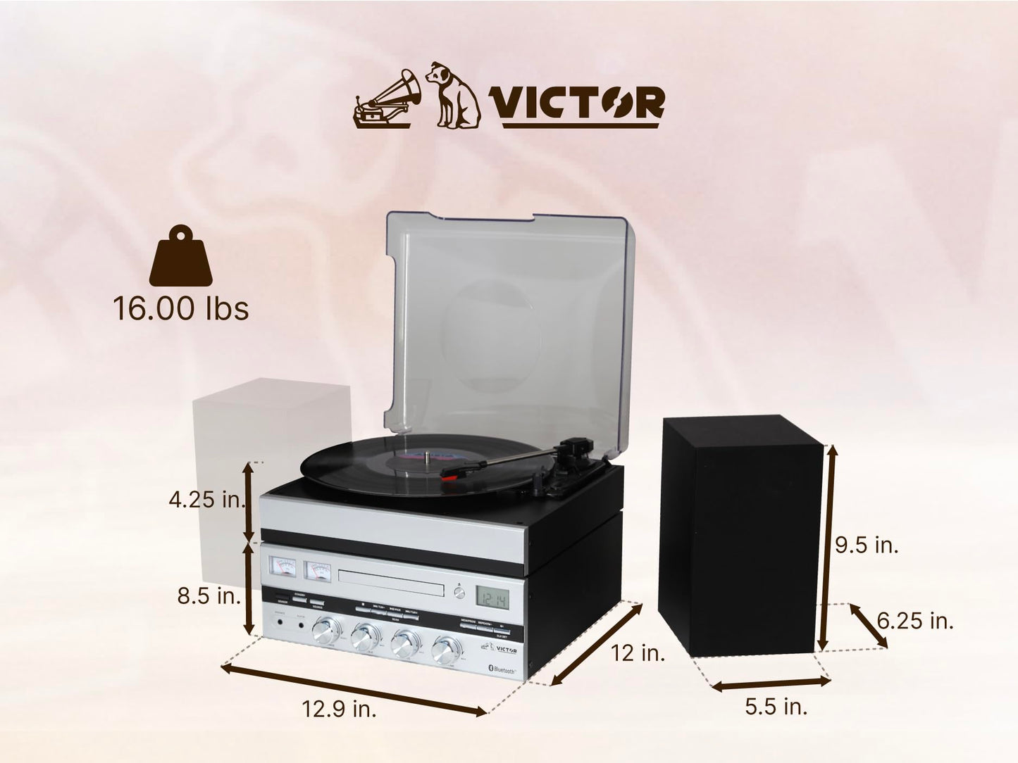 Victor VDTS-5400 Geneva Centro de música 5 en 1 con Bluetooth, Reproductor de CD, Radio FM, reproducción USB, Entrada Auxiliar, Control Remoto y Altavoces estéreo Separados, Perfecto para Amantes de