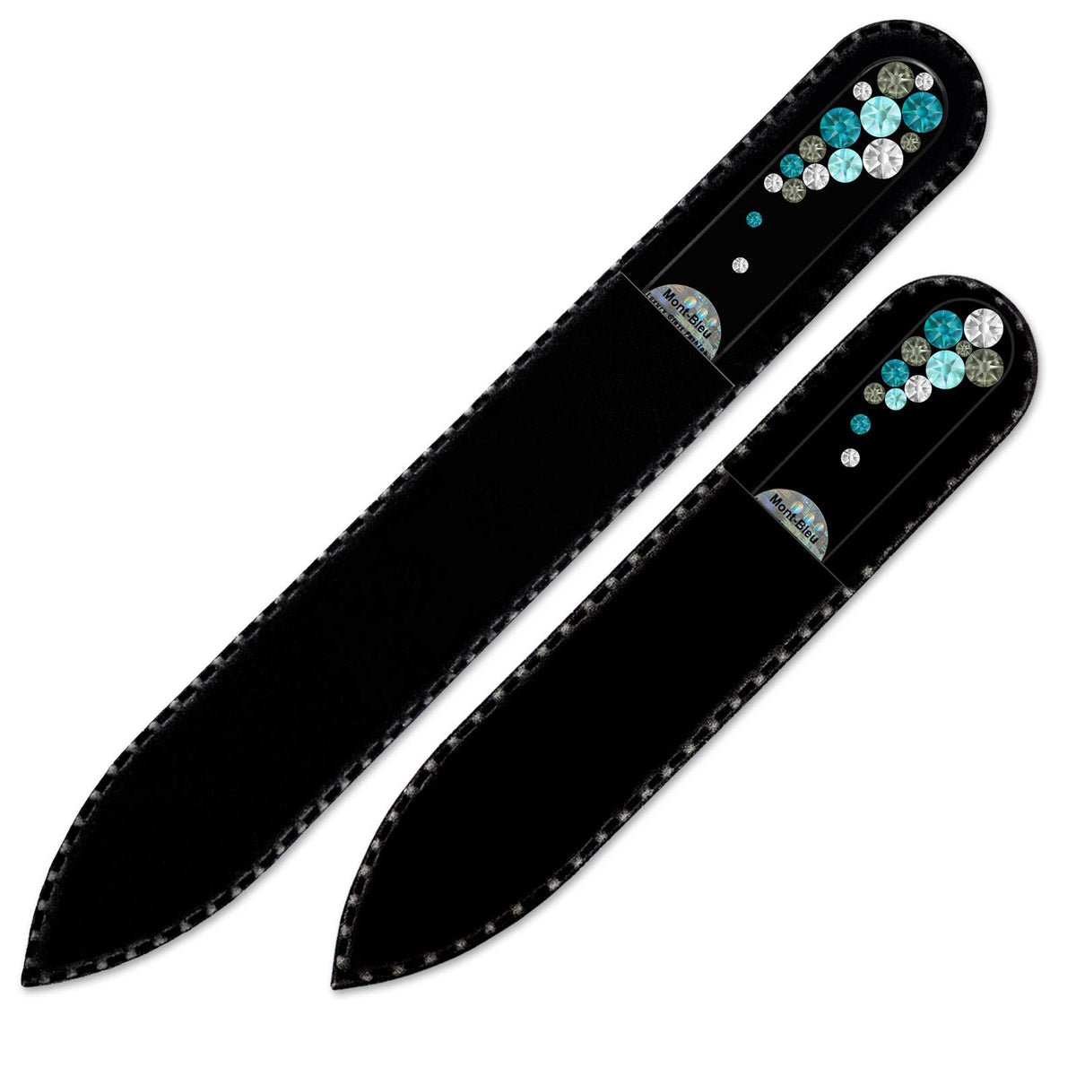 Juego de 2 limas de uñas de vidrio decoradas a mano con elementos Swarovski, en funda de terciopelo negro, vidrio templado checo auténtico, garantía de por vida, hecho a mano, Turquesa