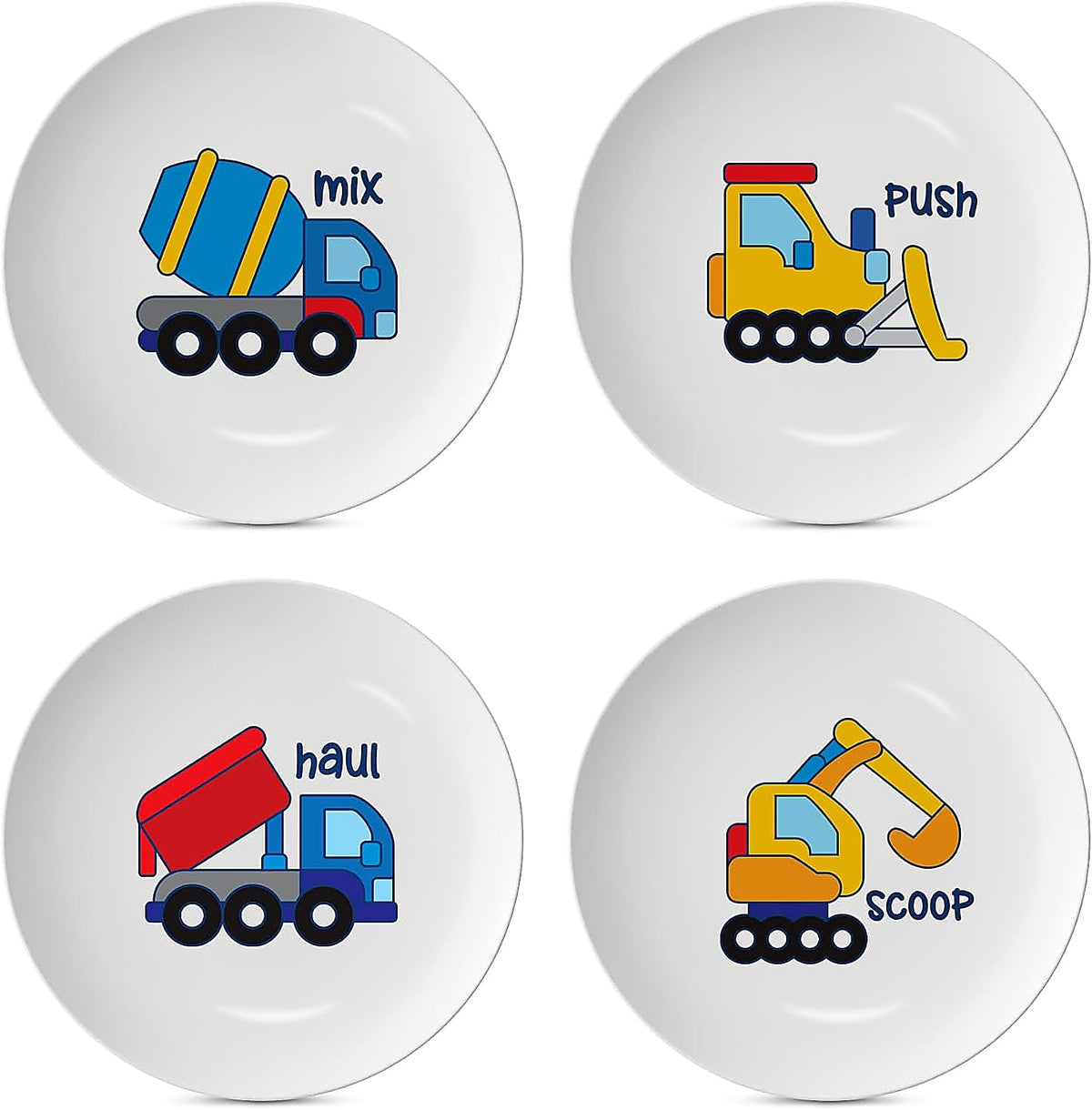 4E's Novelty - Juego de 4 platos de melamina para niños, juego de platos de construcción para niños pequeños, juego de vajilla de personaje de camión con diversión y alegría, sin BPA, vajilla de