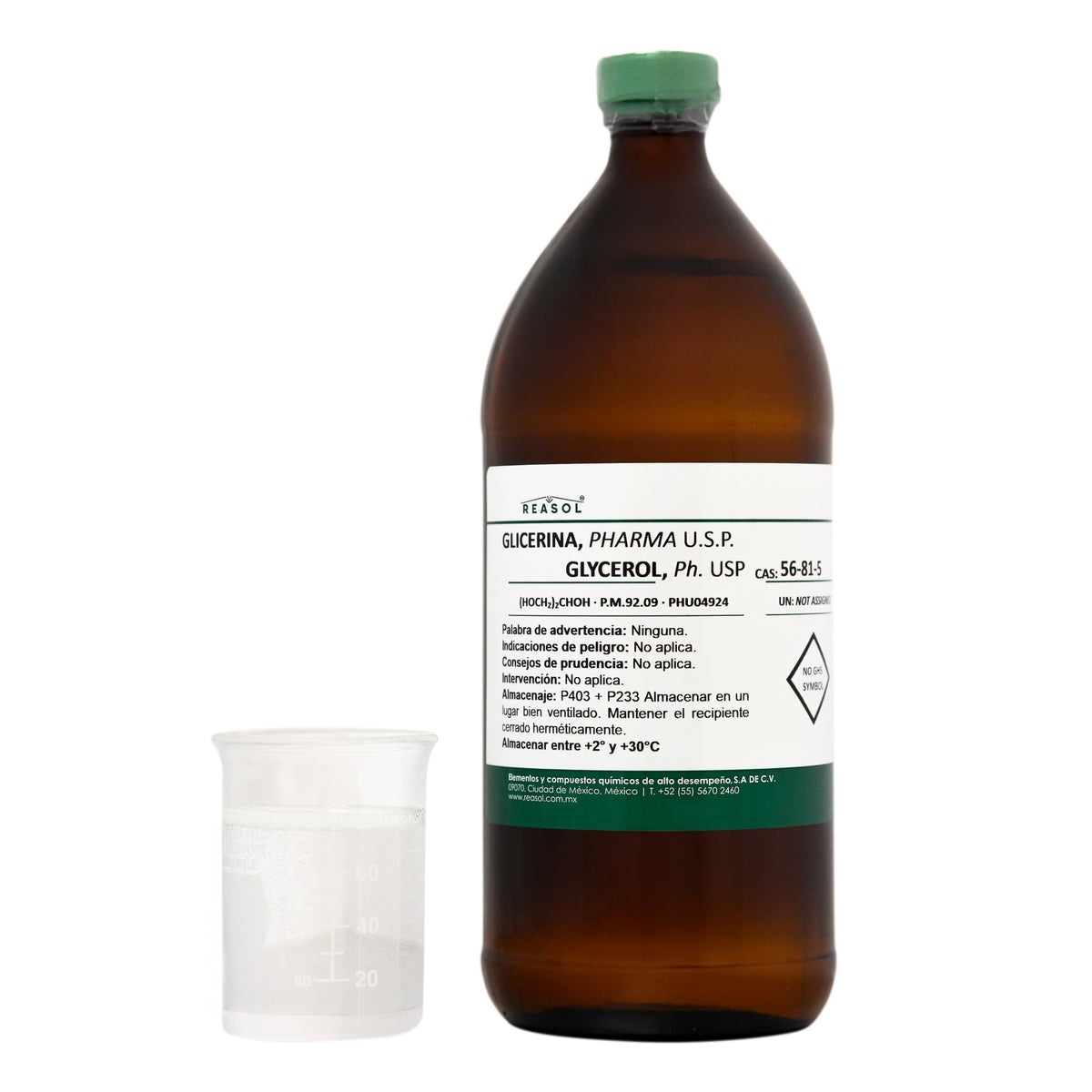 REASOL, GLICERINA de Origen Vegetal; Biodegradable, Pureza ≥99%. Cumple Especificaciones USP, NF, FCC, BP y Ph. Eur. Botella vidrio ámbar de 1l