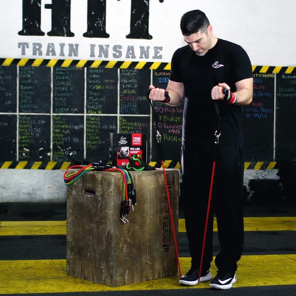 BOLD TRIBE Set Completo Tribe Pack con 14 Piezas - 6 Ligas de Resistencia Tubulares - 155 Lbs de Resistencia Combinada - Gym en Casa, Cross Training y Rehabilitación - Gimnasio