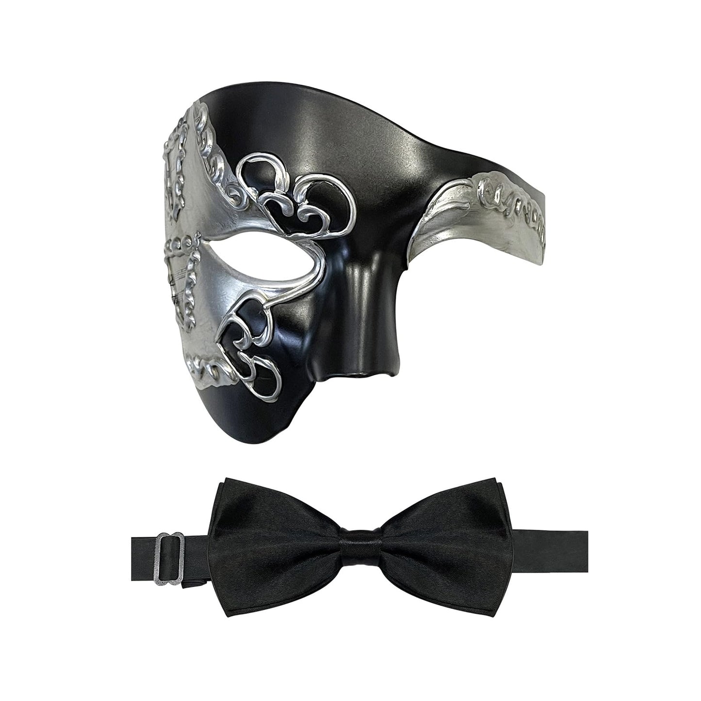 HyperFun Máscara de máscaras para hombre, fantasma de la ópera, máscara de media cara con corbatín, máscaras venecianas clásico para fiestas de disfraces/temáticas (oreja negra)