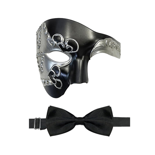 HyperFun Máscara de máscaras para hombre, fantasma de la ópera, máscara de media cara con corbatín, máscaras venecianas clásico para fiestas de disfraces/temáticas (oreja negra)