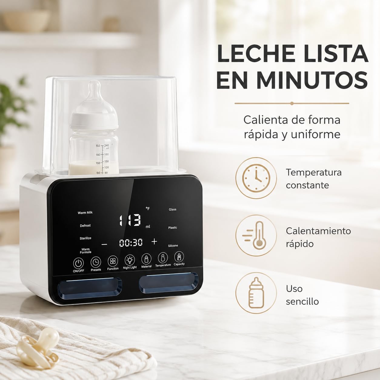 Esterilizador y Calentador de Biberones 6 en 1, Secador de Vapor para Bebé, Capacidad 2 Mamaderas, Pantalla LED Táctil, Control Preciso de Temperatura, Descongelación, Secado, Mantener Calor