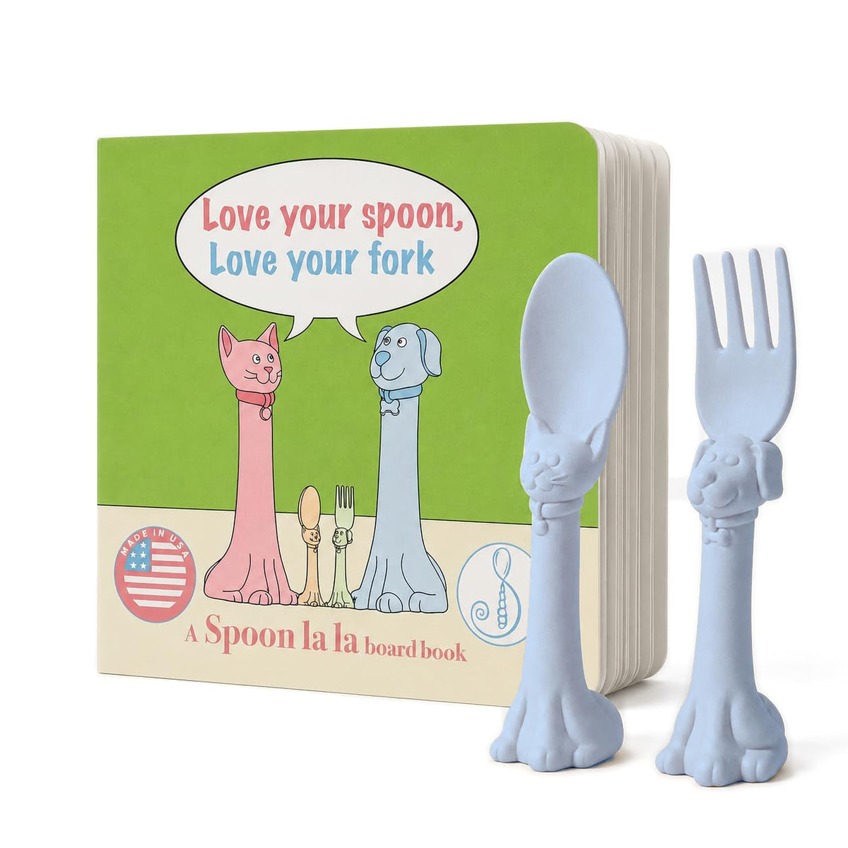 Spoon la la - Juego de utensilios para niños pequeños (2 unidades) y libro de tabla para bebés, cuchara y tenedor para niños pequeños de 1 a 3, asas 3D autónomas para gatos y perros, sin BPA, apto
