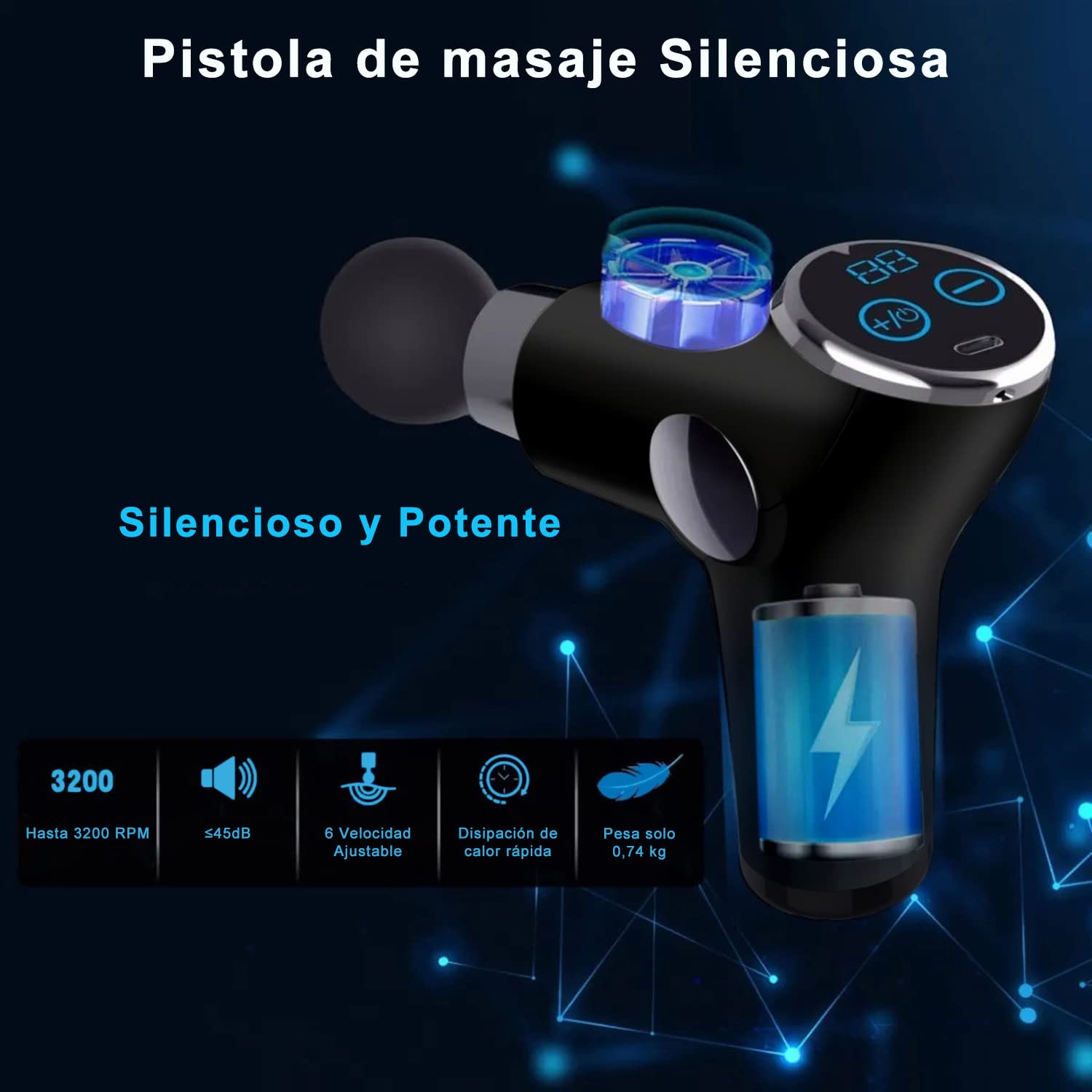 Pistola de Masaje, 8 Cabezales de Pistola Masaje Muscular, 32 Niveles Ajustables, Ultra Silenciosos y Pantalla Táctil LCD Pistola Masajeadora para aliviar el dolor y la rigidez de los músculos