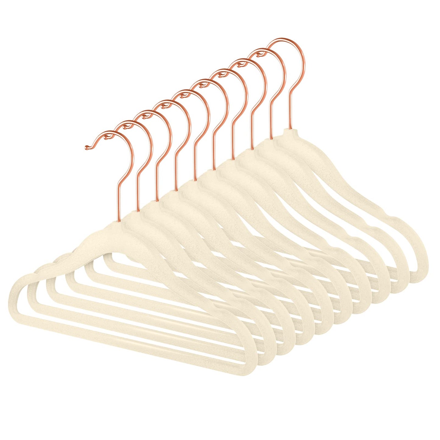 MIZGI - Perchas de terciopelo para niños de alta calidad (paquete de 50) con ganchos de cobre y oro rosa, ahorro de espacio, ultra delgadas, antideslizantes para bebés, pantalones de vestir, perchas