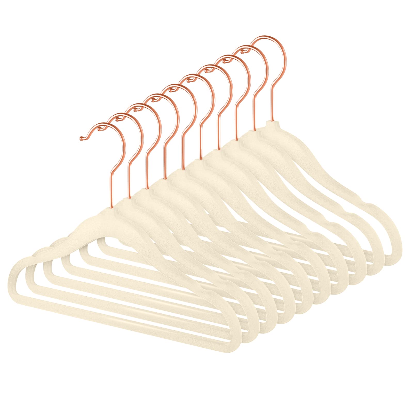 MIZGI - Perchas de terciopelo para niños de alta calidad (paquete de 50) con ganchos de cobre y oro rosa, ahorro de espacio, ultra delgadas, antideslizantes para bebés, pantalones de vestir, perchas