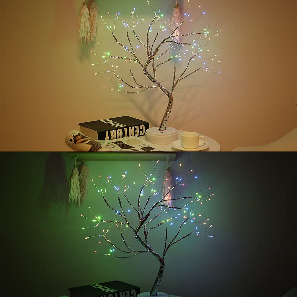 INGEQUIS Lámpara Nocturna Bonsái, Luz Árbol con 108 Leds y Ramas Regulables, Control Táctil, Decoración Luminosa para Recámara, Fiestas, Navidad etc. (Colorido)