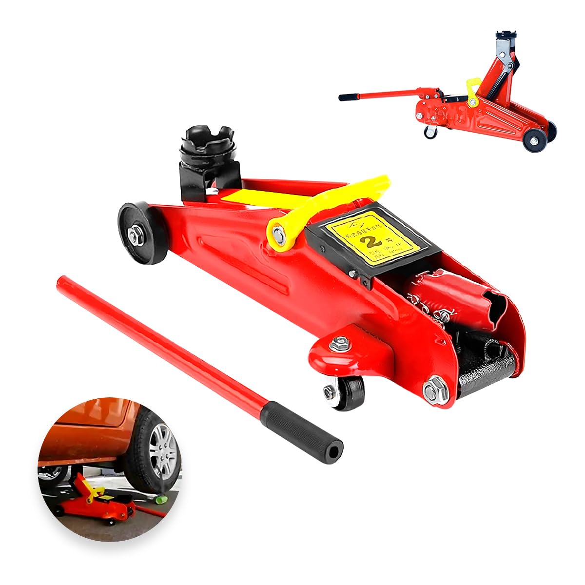 Gato Hidráulico RagaBasics Rojo de Acero Inoxidable con Seguros de Llantas y Agarradera Portátil