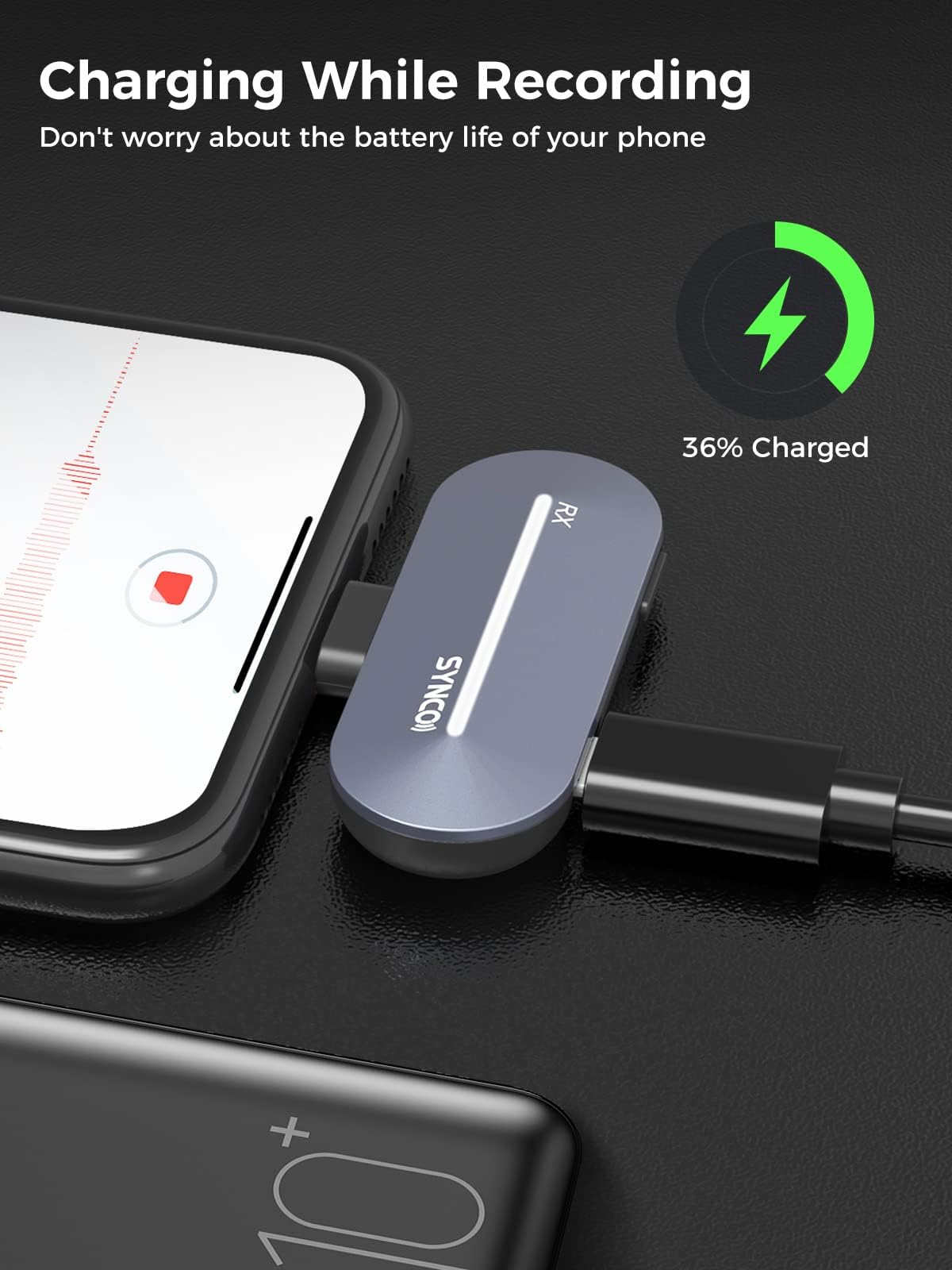 Micrófono Inalámbrico SYNCO P2L Blanco con Reducción de Ruido y Funda de Carga para iPhone