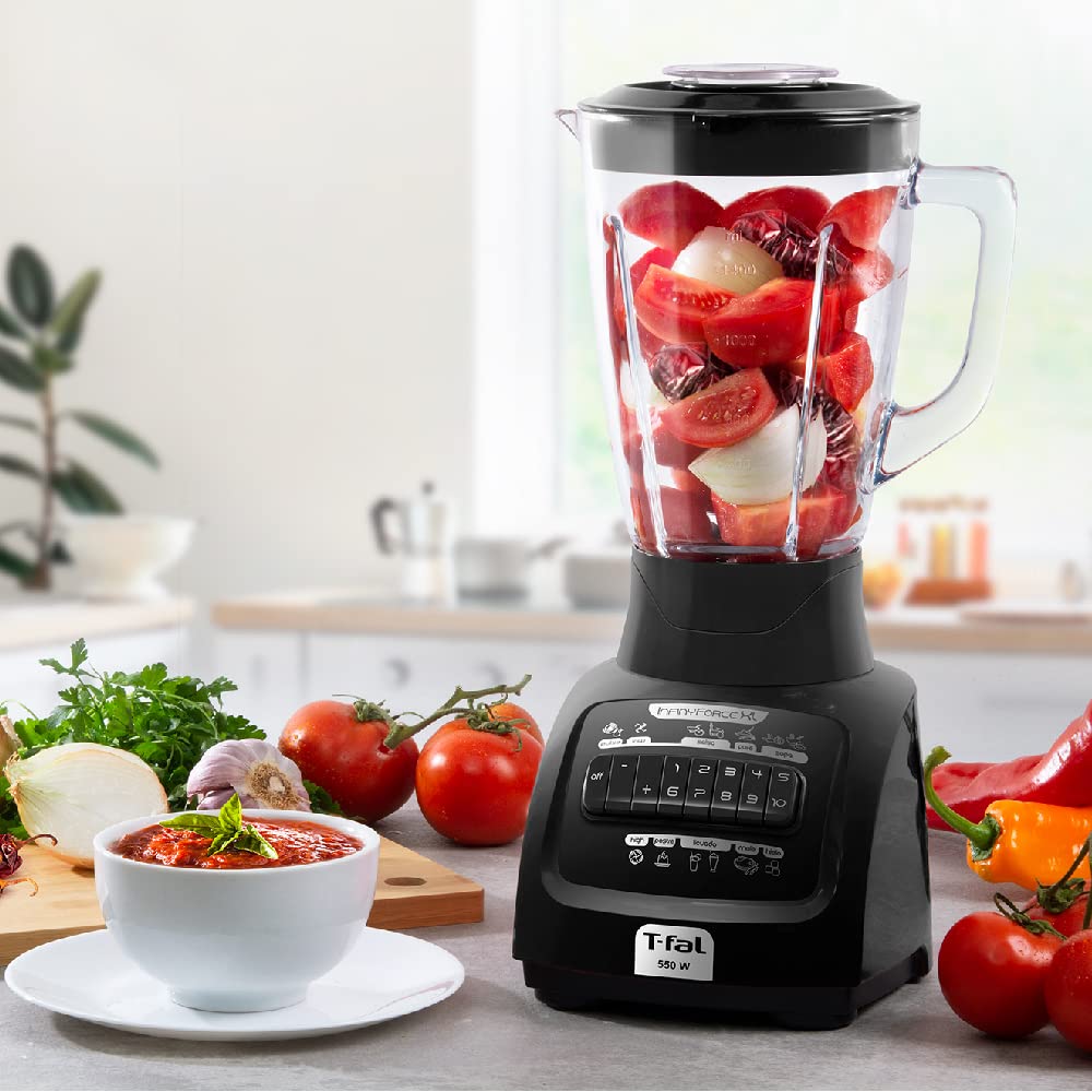 T-fal Licuadora Infinyforce XL 10 velocidades con vaso de vidrio de 2.2 litros, 550 W, con tecnología powelix y acople Carbon Drive, incluye 10 funciones, Negra, LN8208MX
