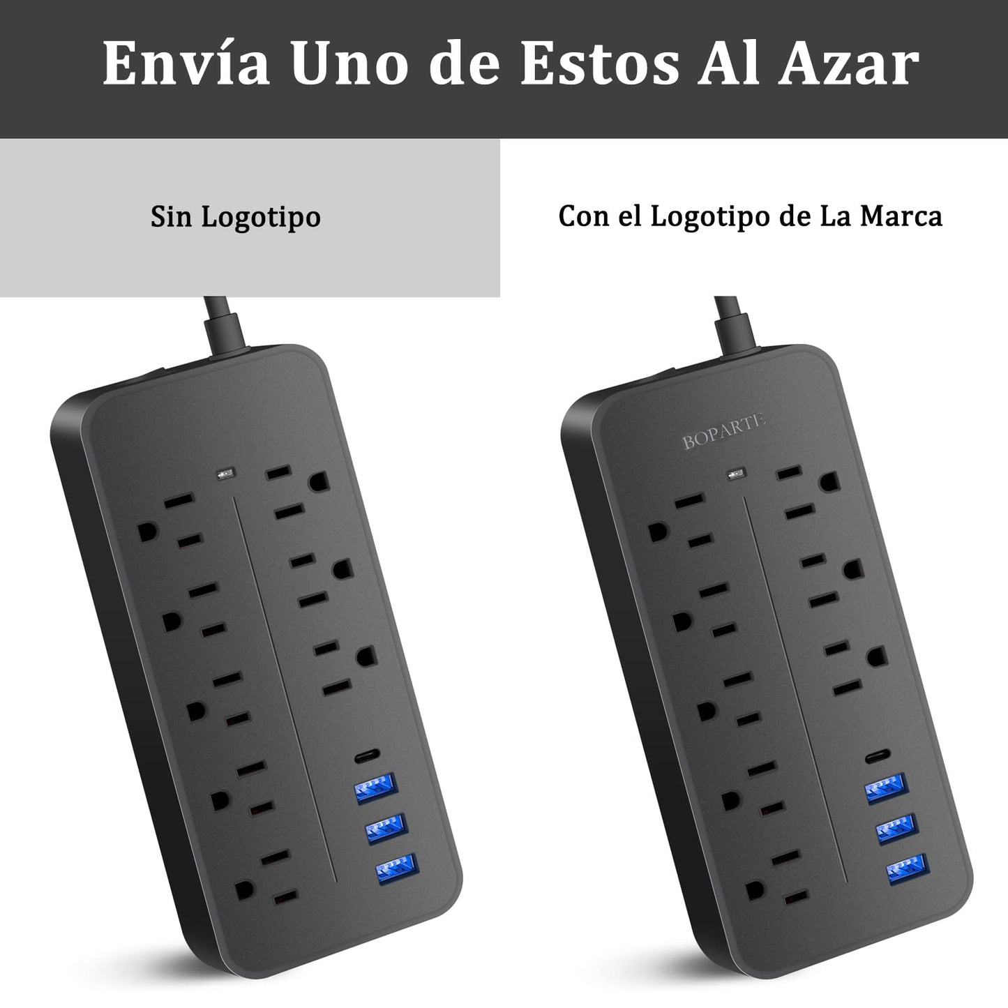 BOPARTE USB Multicontacto, Regleta de 1,2 m, 8 Salidas, 3 Puertos de Carga USB, (5 V / 2 A), 1 Puerto USB-C, Conector múltiple, Regleta para el hogar, Oficina, Dormitorio, Negro