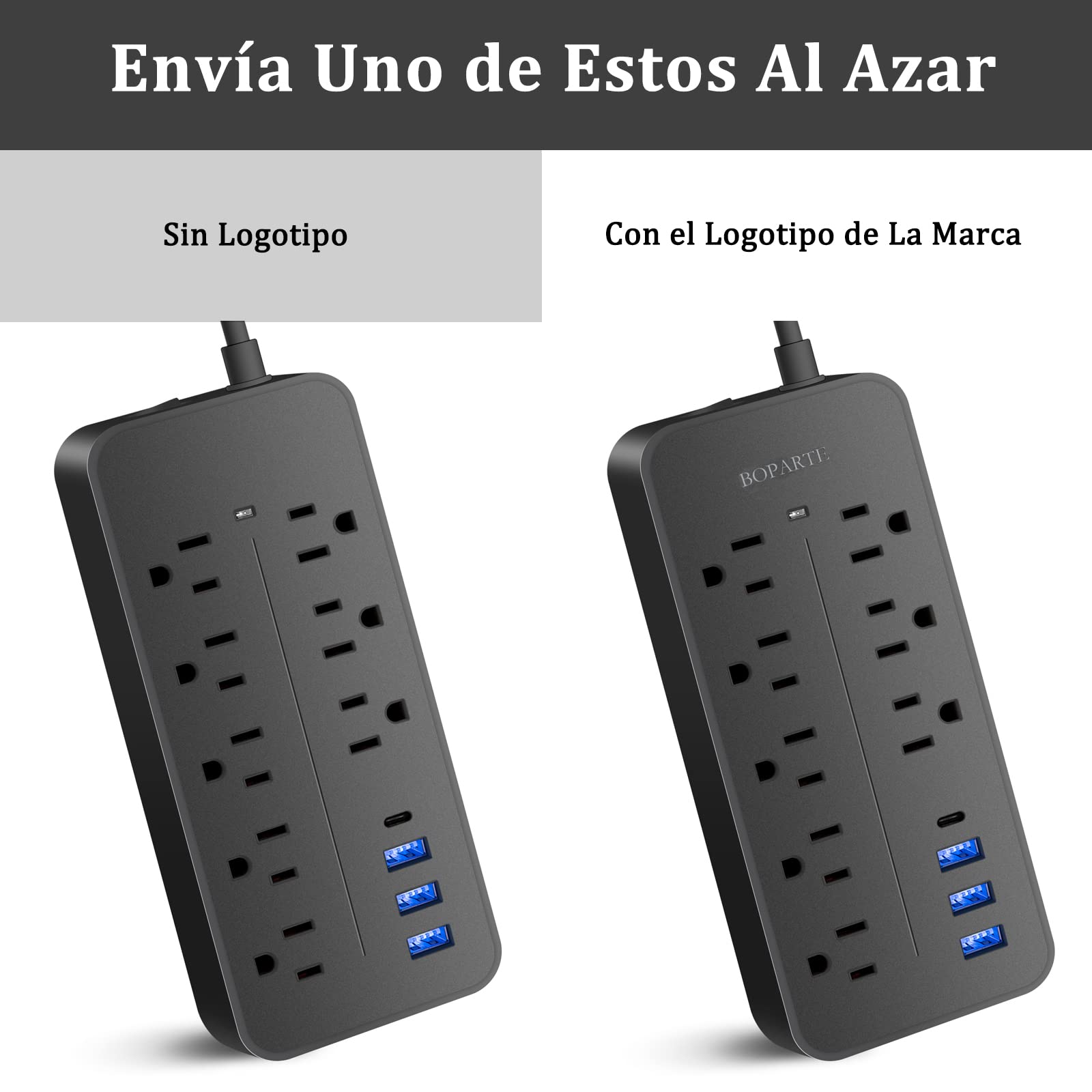 BOPARTE USB Multicontacto, Regleta de 1,2 m, 8 Salidas, 3 Puertos de Carga USB, (5 V / 2 A), 1 Puerto USB-C, Conector múltiple, Regleta para el hogar, Oficina, Dormitorio, Negro
