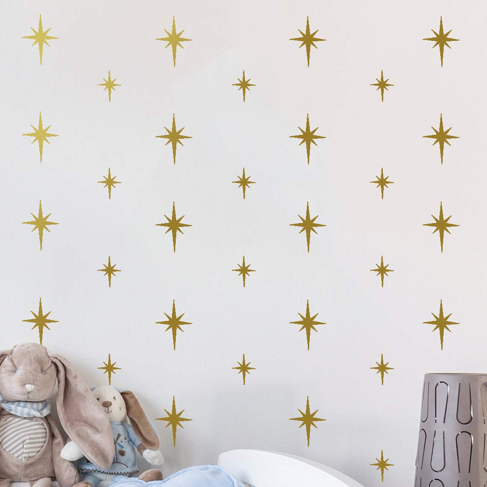 Calcomanías de pared de estrella dorada para decoración de habitación de adultos, dormitorio y niñas, decoración de habitación de niños, estrellas retro doradas, 72 unidades