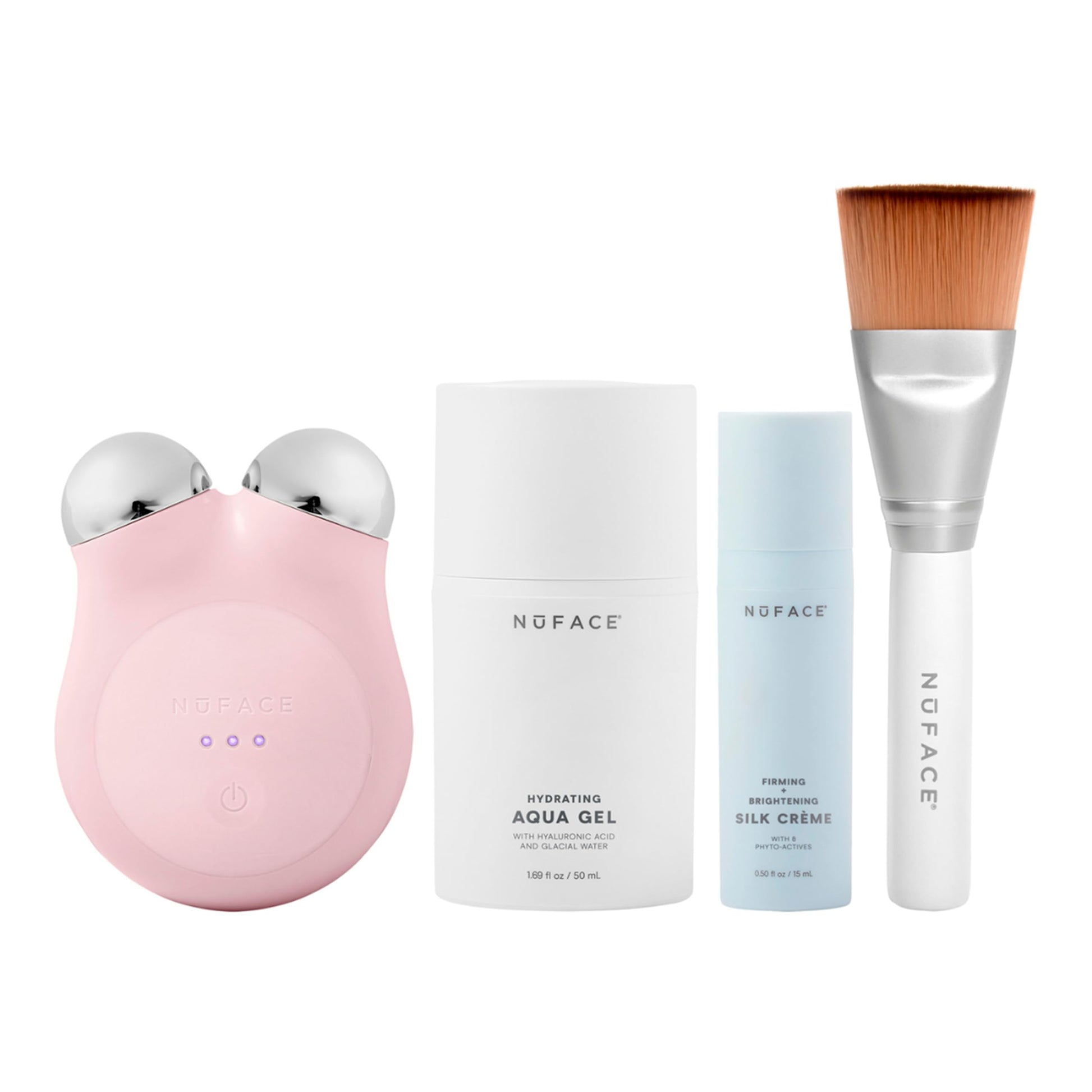NUFACE | Skin Care Mujer Kit de Inicio MINI+ | Dispositivo Portátil Microcorriente Facial Rosa + 2 Serum y Brocha | Gel Conductor Hidratante Facial con Acido Hialuronico | Skincare Kit