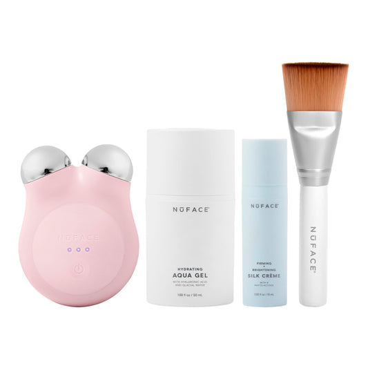 NUFACE | Skin Care Mujer Kit de Inicio MINI+ | Dispositivo Portátil Microcorriente Facial Rosa + 2 Serum y Brocha | Gel Conductor Hidratante Facial con Acido Hialuronico | Skincare Kit